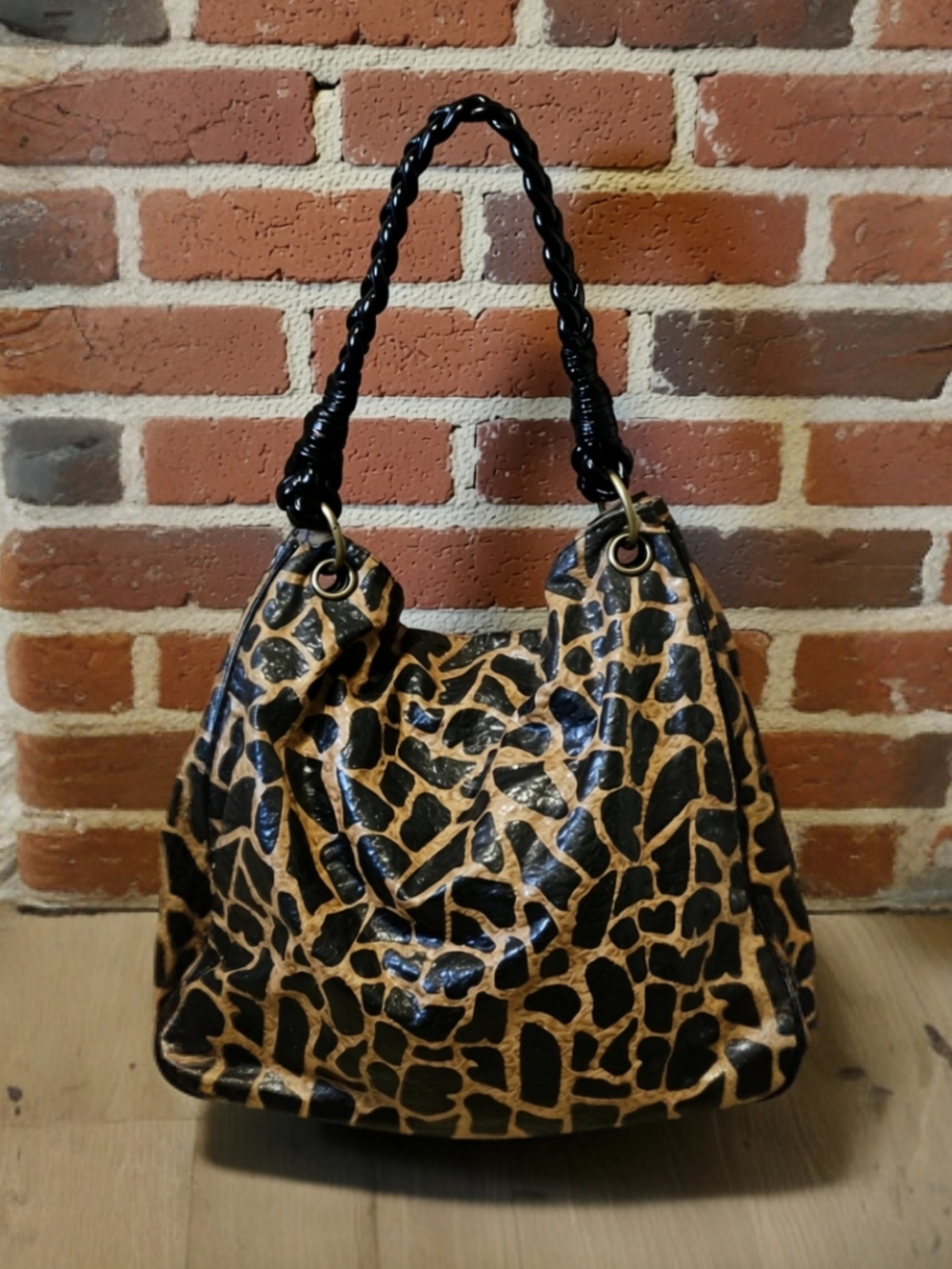 Vtg. Bagtique Y2K Glossy Giraffe Print Slouchy Hobo Shoulder Bag